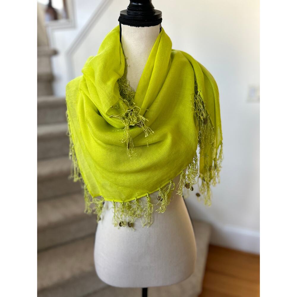 Echo Lime Green 42x42 Square Fringe Golden Coin Dangle Scarf